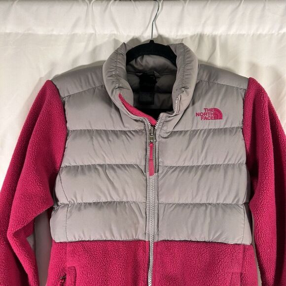 North Face Jacket Girls Large 14 16 Grey Pink Fleece Goose Down Full Zip 550 - Picture 2 of 9